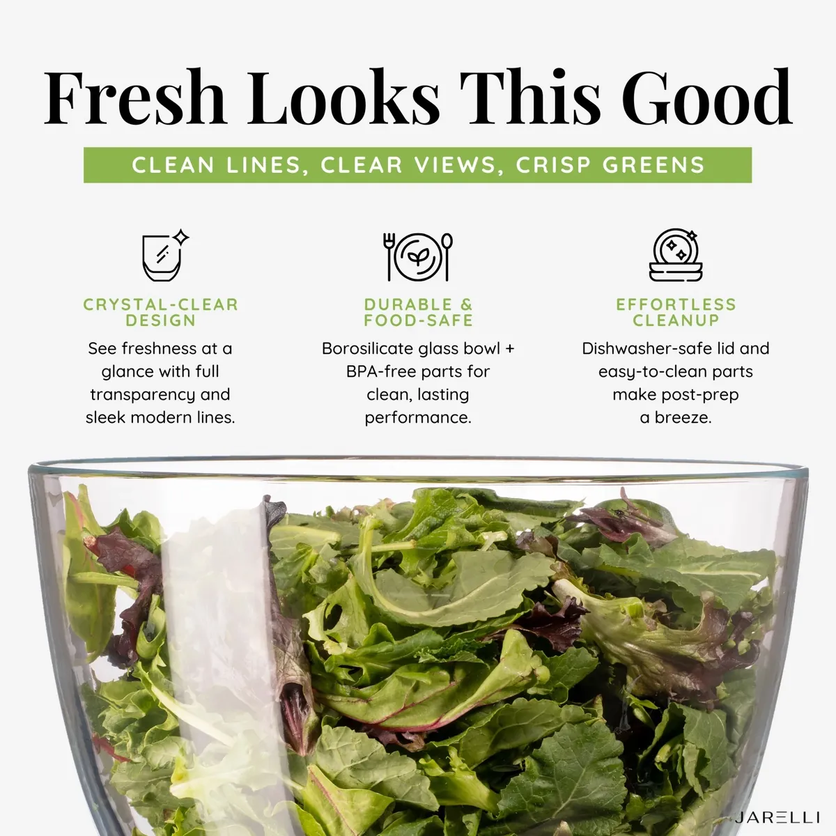 Jarelli glass salad spinner dimensions: 10.5 inches wide, 6.75 inch glass bowl, 2.5 inch push-button lid; preps and serves up to 12 guests