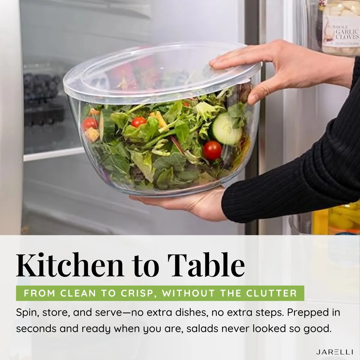 Fresh greens in the crystal-clear borosilicate glass bowl of the Jarelli salad spinner