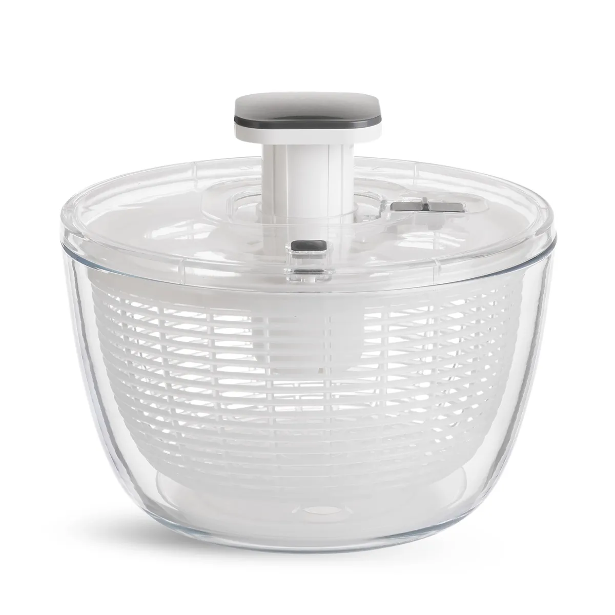 Jarelli glass salad spinner with 6.3-quart borosilicate glass bowl, white strainer basket, and charcoal push-button lid
