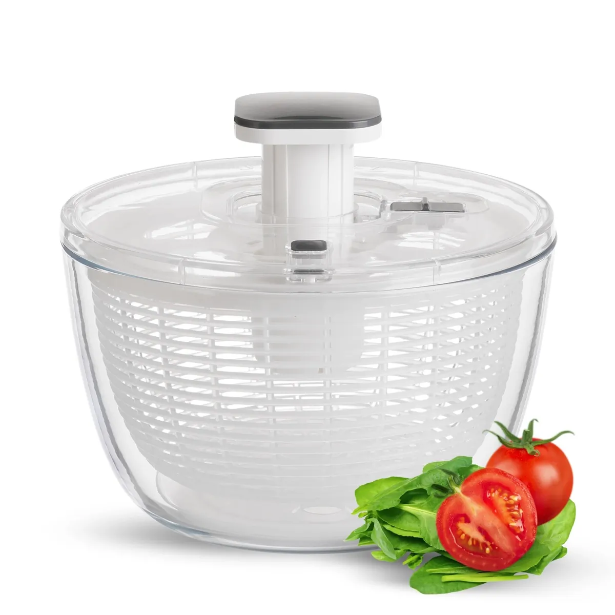 Jarelli glass salad spinner, the best glass salad spinner: borosilicate bowl, white strainer basket, push-button lid