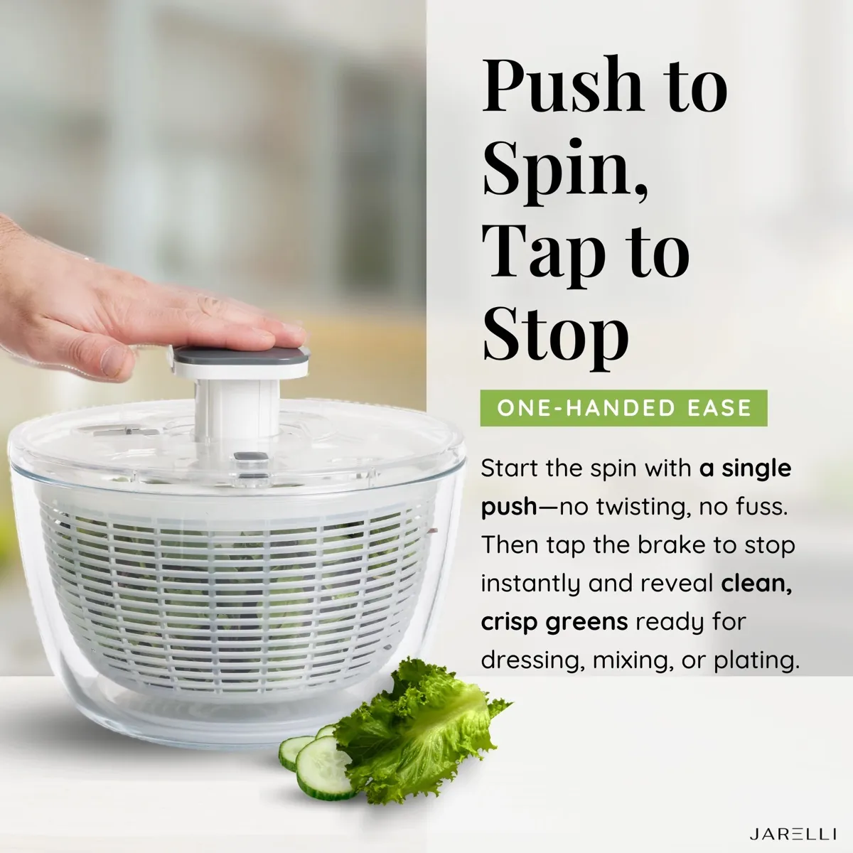 Three easy steps to use the Jarelli glass salad spinner: rinse and load greens in the basket, press the button to spin dry, tap the brake and serve from the glass bowl